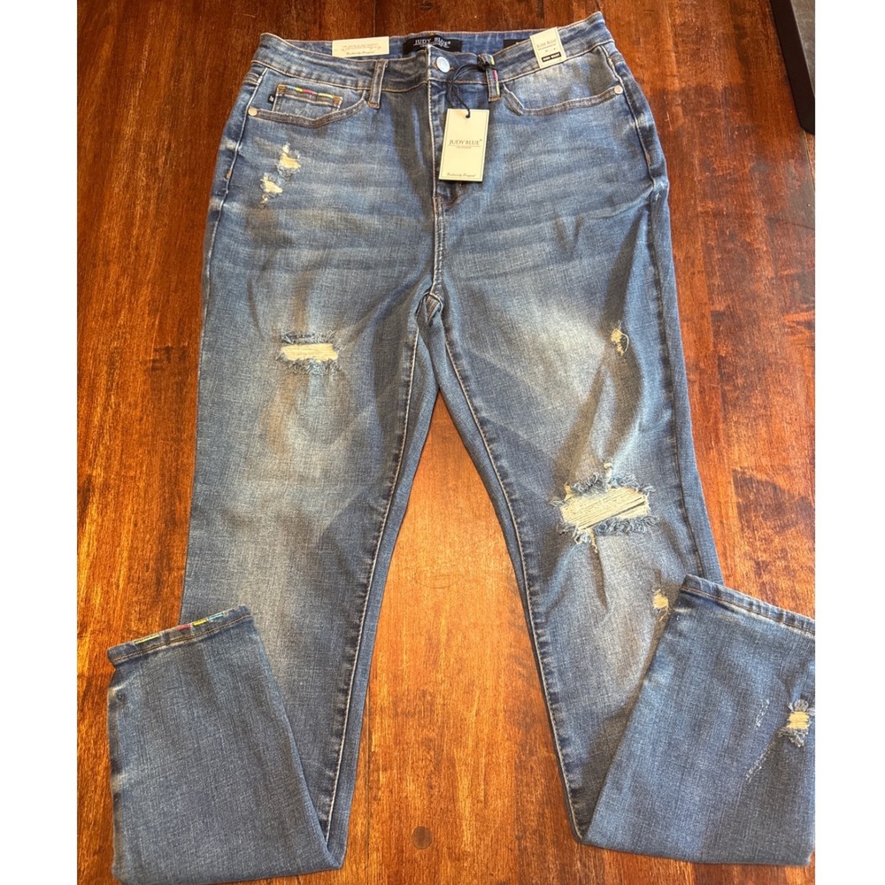 Judy Blue High Waist SkinnyJeans Distressed Rainbow Stitch Medium Wash 13/31 NEW